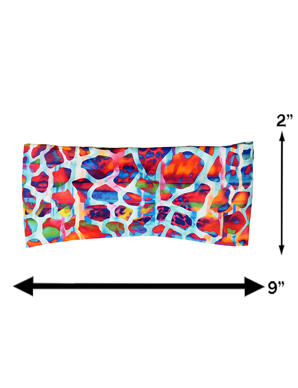 measurement chart for the ed, orange, green, and yellow abstract mosaic pattern headband, measurements are 2 inches by 9 inches