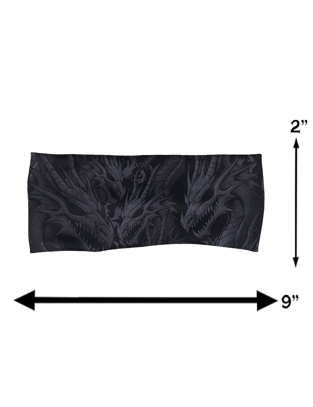 measurement chart for the black headband with grey dragons, measurements are 2 inches by 9 inches