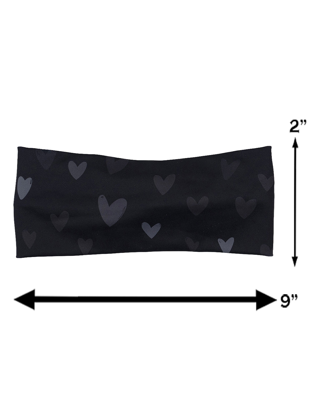 measurement chart for the black headband with grey hearts, measurements are 2 inches by 9 inches