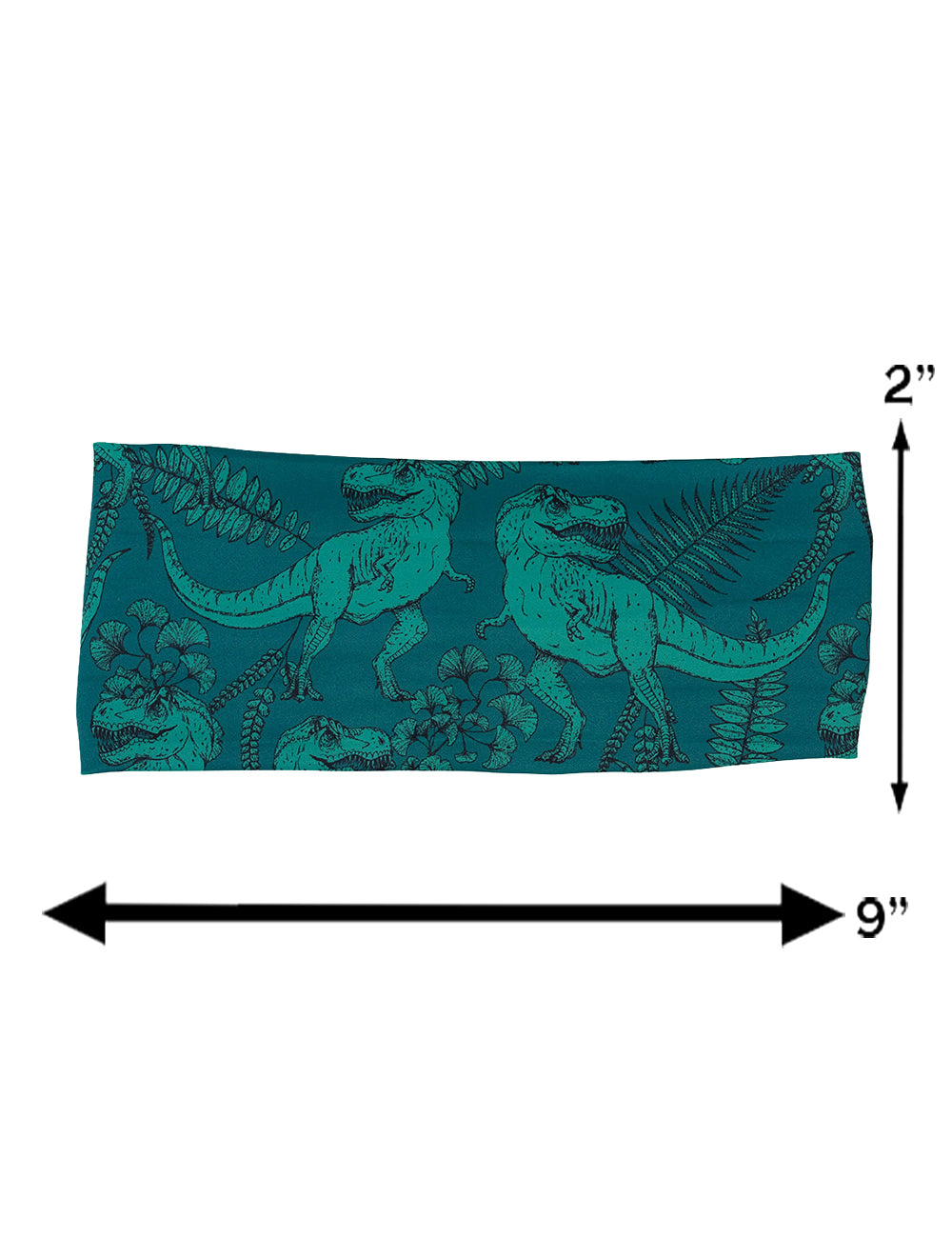measuring chart for the teal t-rex headband, measurements are 2 inches by 9 inches