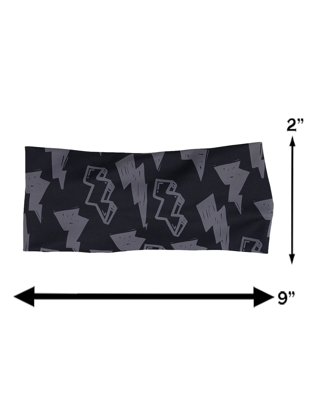 measurement chart for the black headband with grey lightning bolts, the measurements are 2 inches by 9 inches