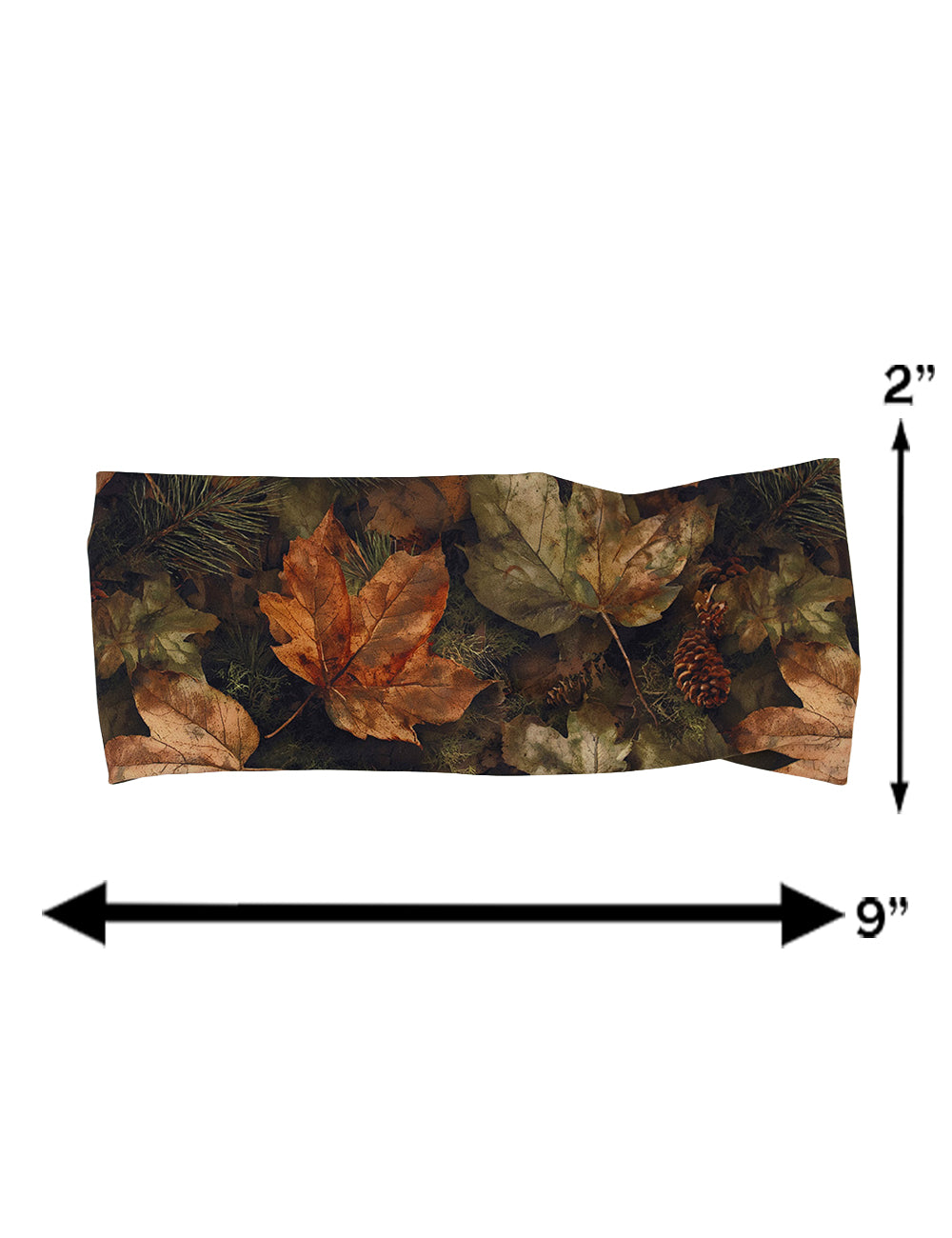 measurement chart for the forest floor covered in leaves headband, measurements are 2 inches by 9 inches