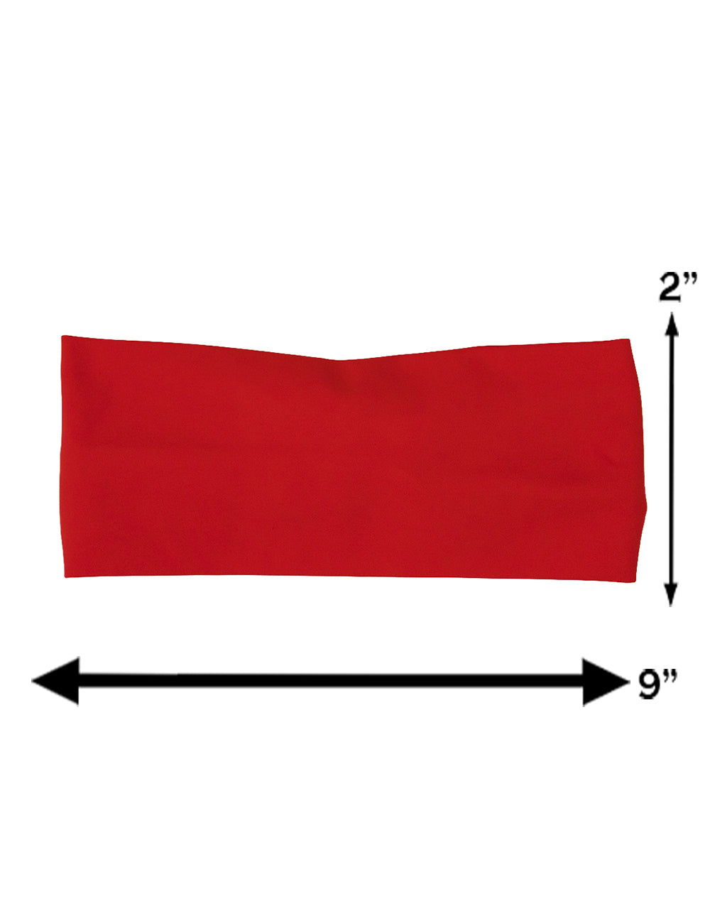 measurement chart for the solid red headband, measurements include 2 inches by 9 inches