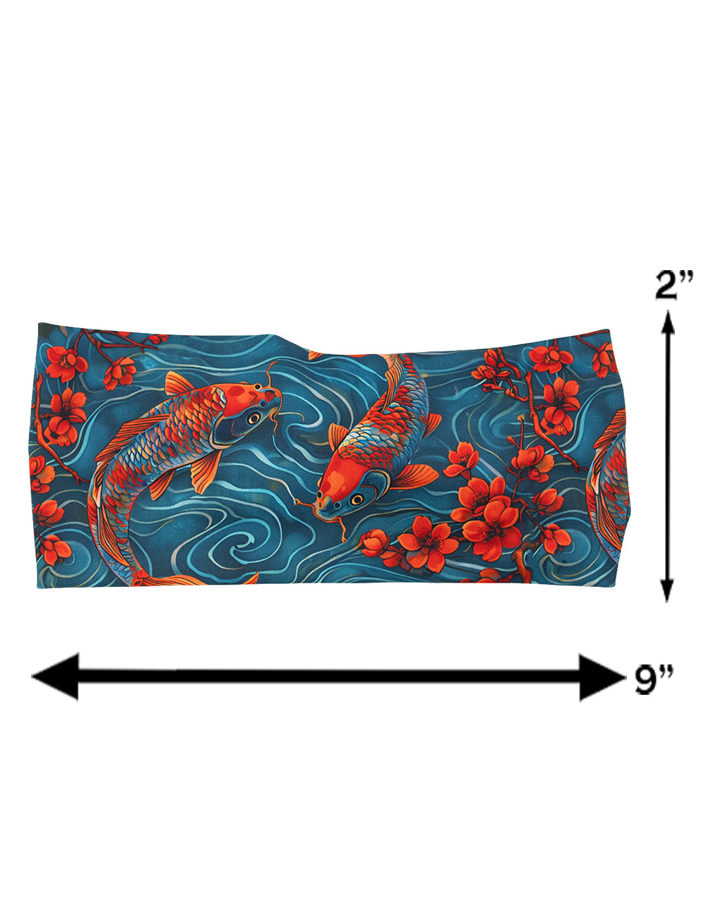 measurement chart for the swimming koi fish headband, measurements are 2 inches by 9 inches