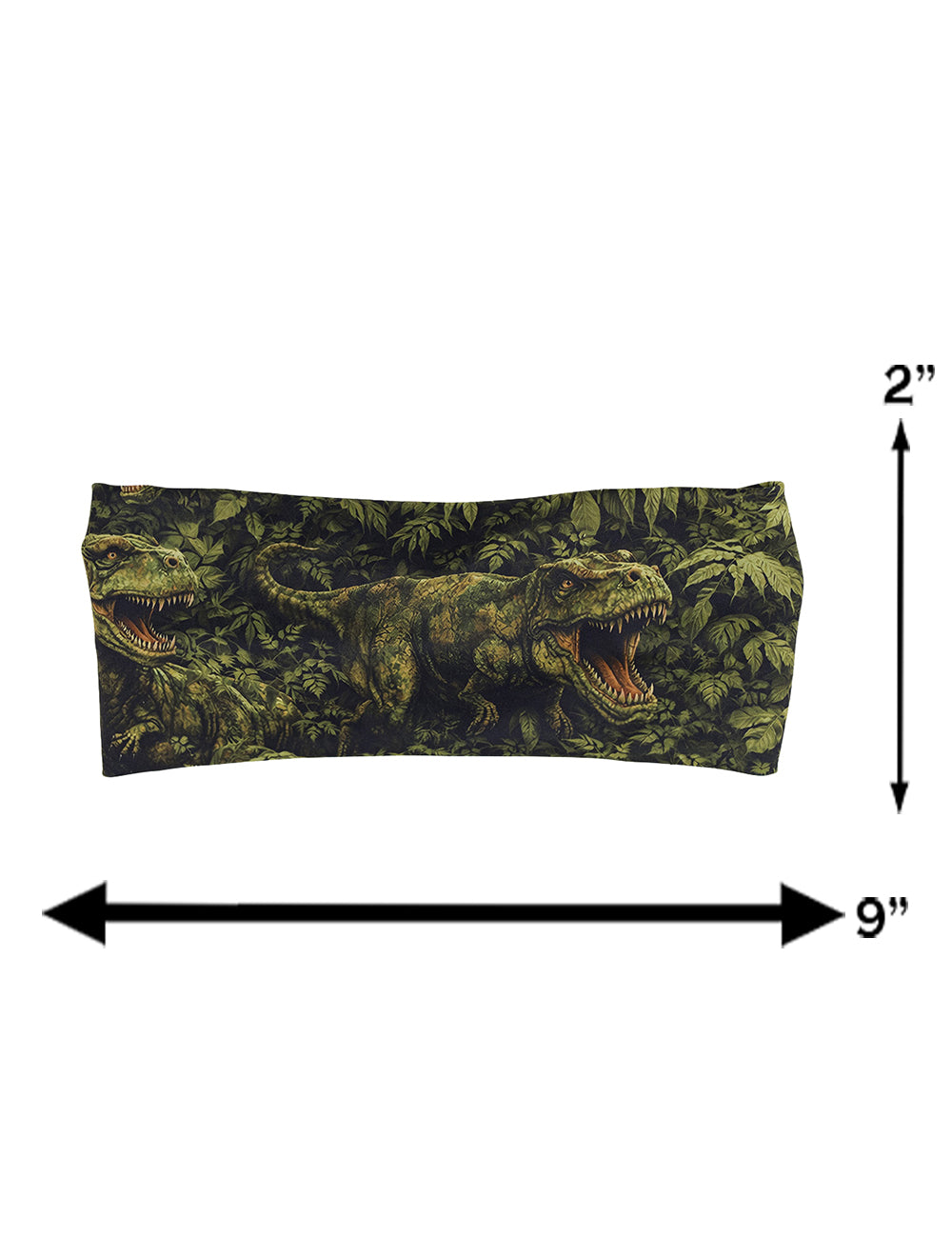 measuring chart for the t-rex forest headband, measurements are 2 inches by 9 inches