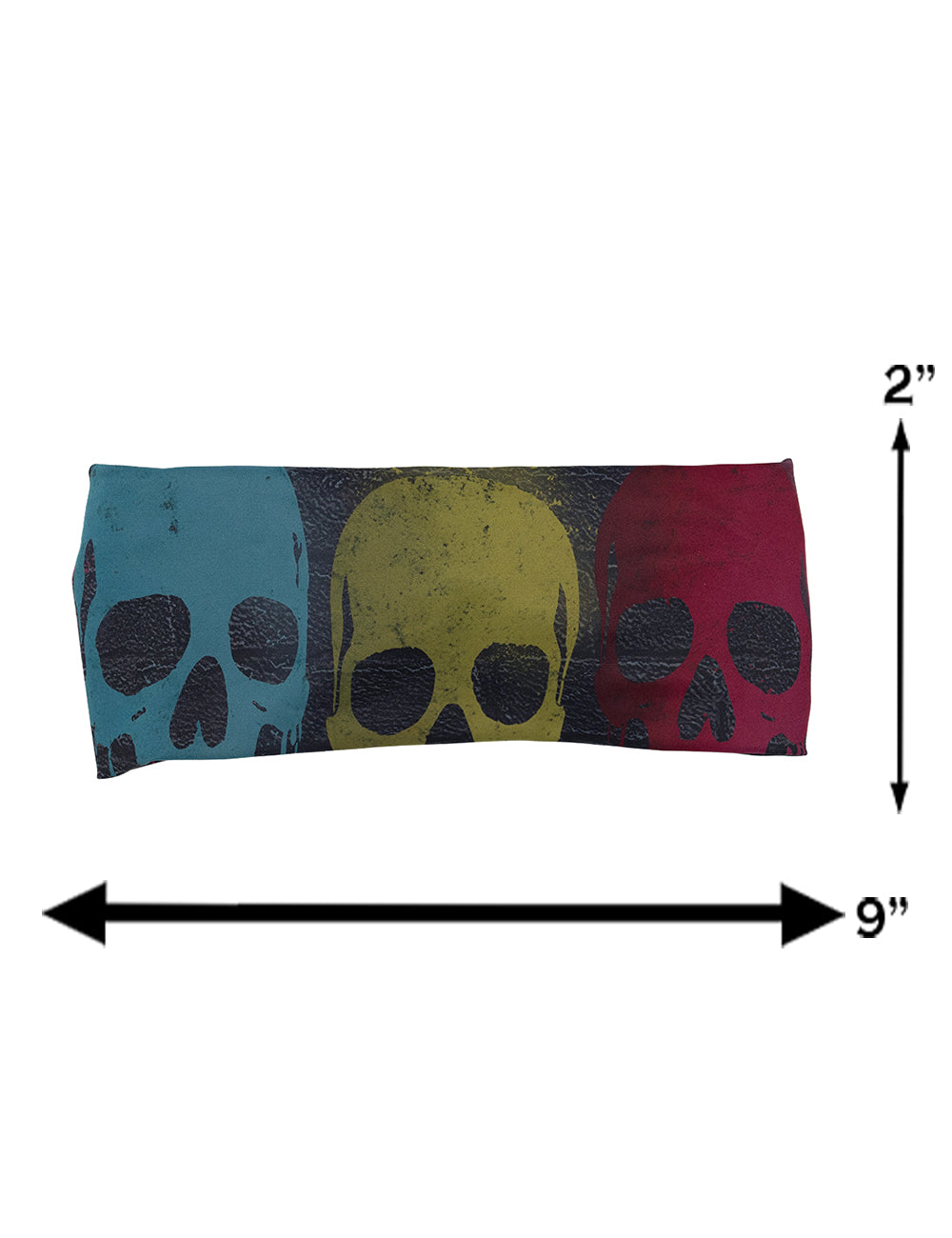 measurement graphic for the black brick with spray painted skulls headband, measurements are 2 inches by 9 inches