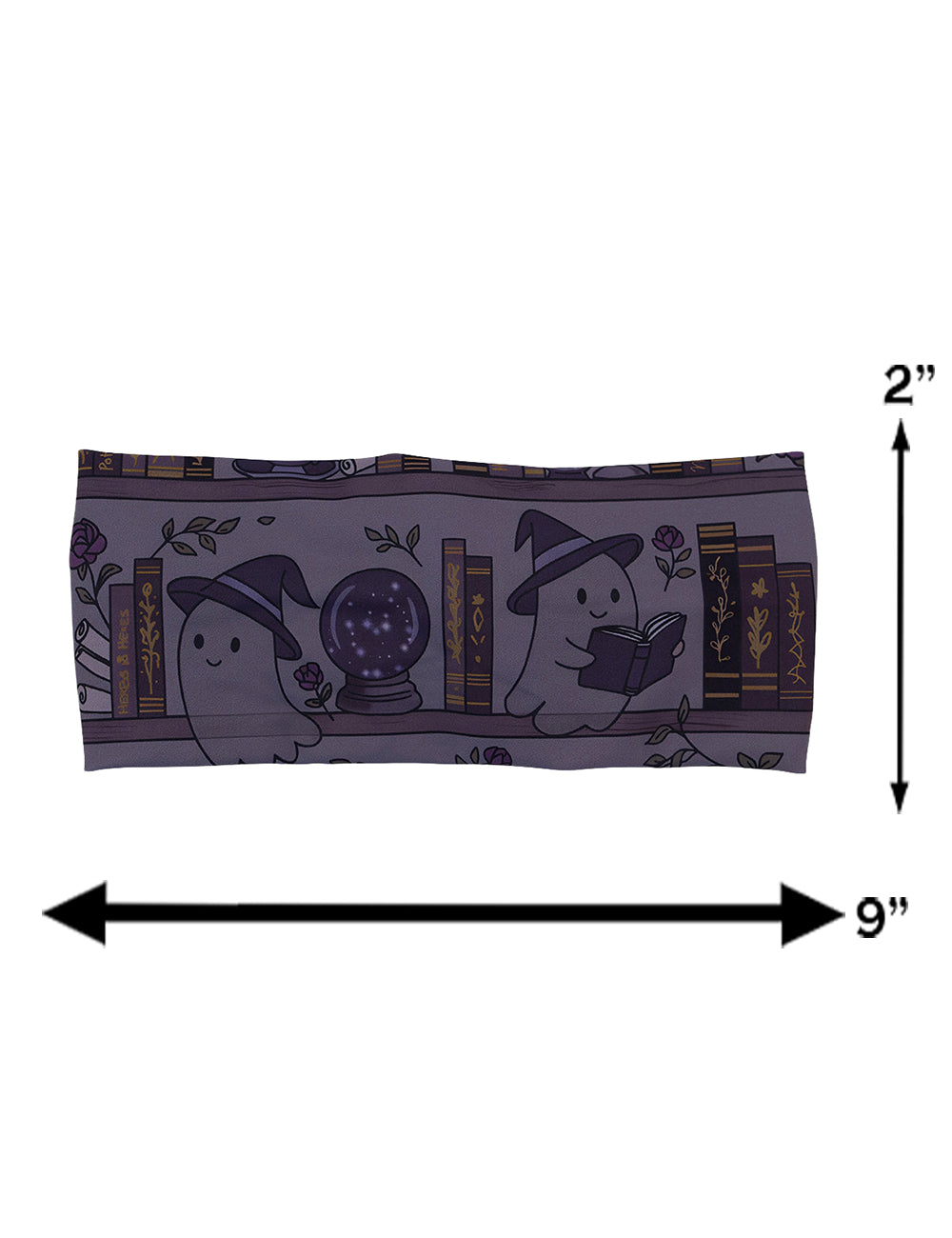 measurement chart for the ghost and cat wizards among bookshelves headband, measurements are 2 inches by 9 inches