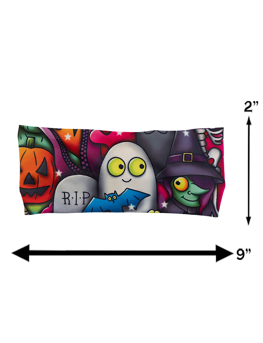 measurement chart for the Halloween cartoons headband, measurements are 2 inches by 9 inches