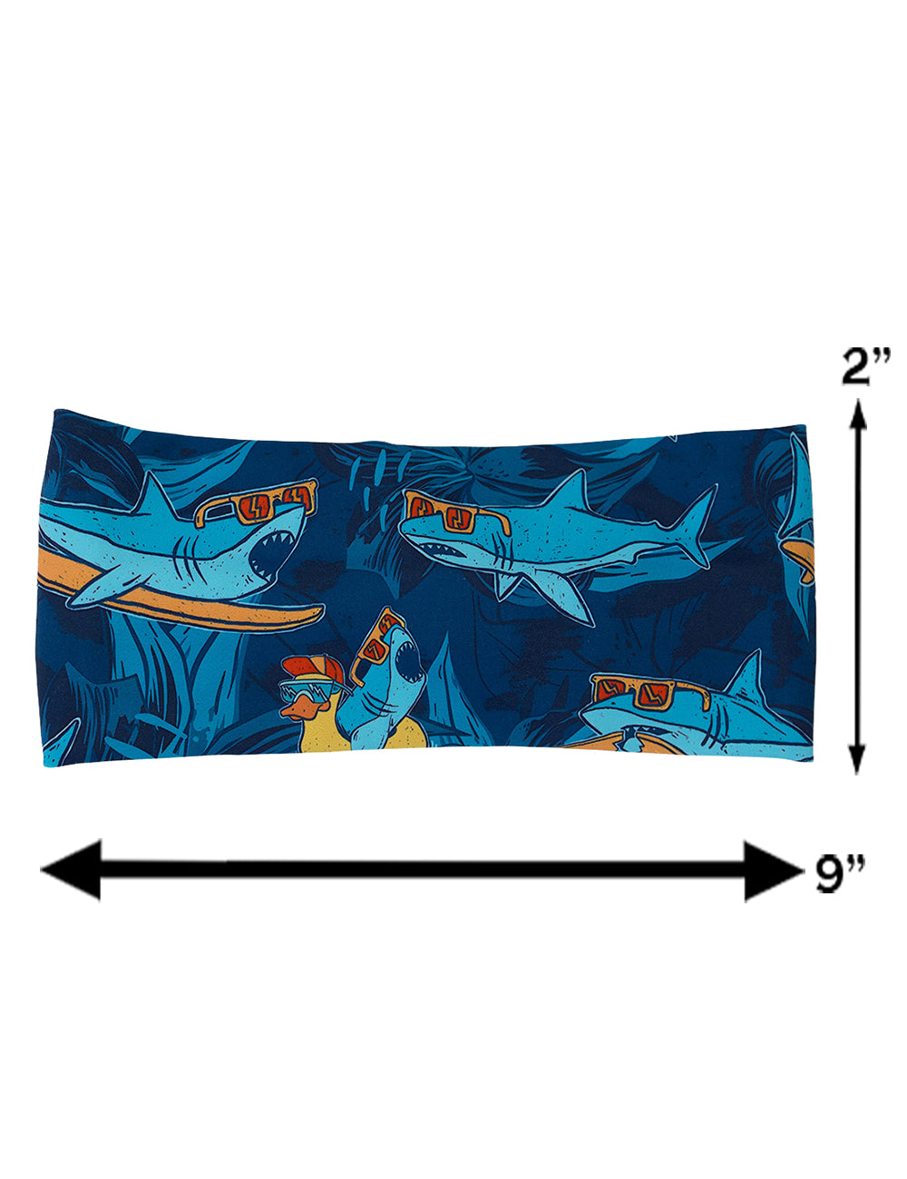 measurements for the cartoon sharks surfboarding with sunglasses headband, 2 inches by 9 inches