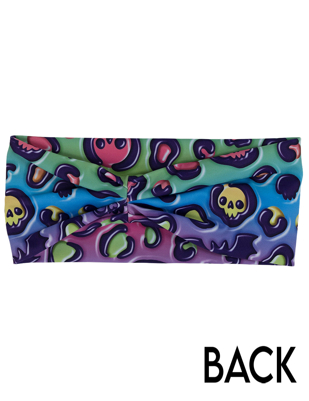 back of the rainbow leopard with bats, skulls, and jack o lanterns headband