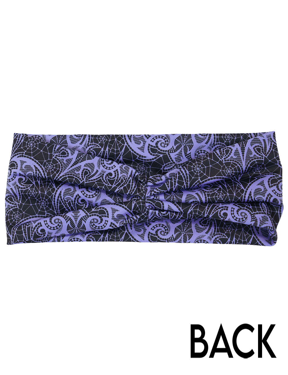 back of the purple bat lace headband against a white background