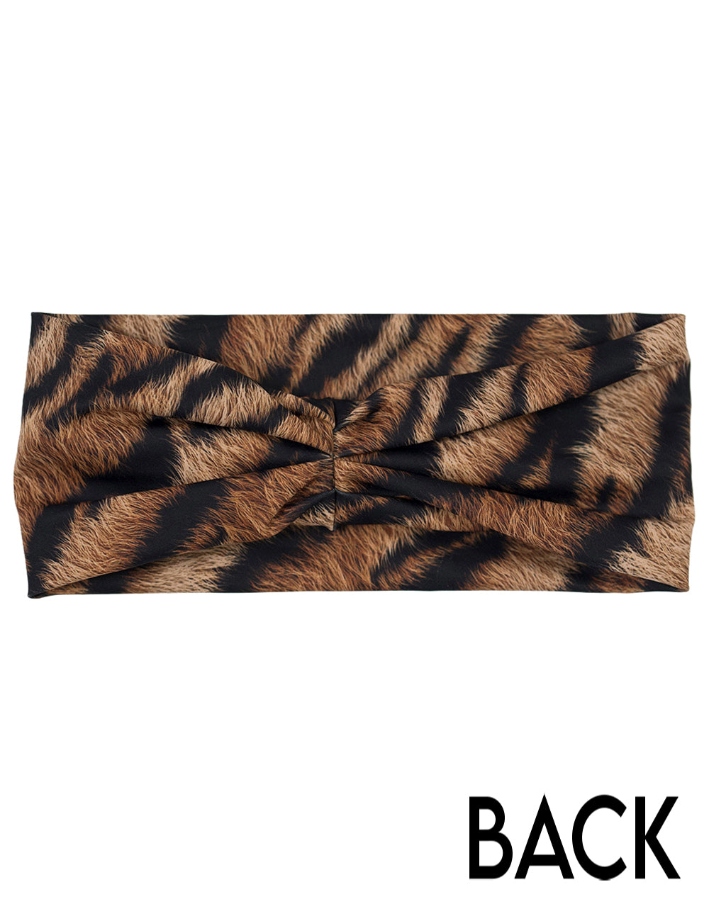 back of the tiger print headband against a white background