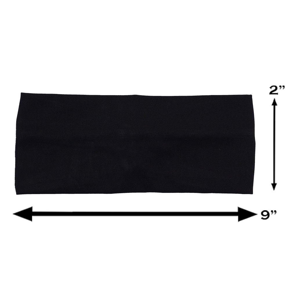 measurements for the all black headband, measurements are 2 inches by 9 inches