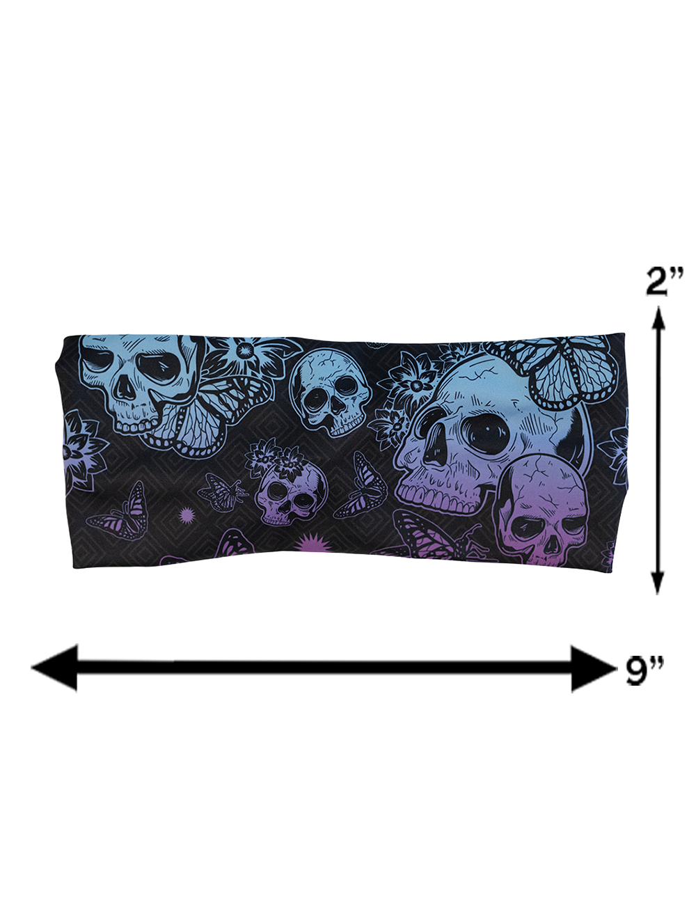 measurement chart for the blue and purple skull surrounded by butterflies headband, measurements are 2 inches by 9 inches
