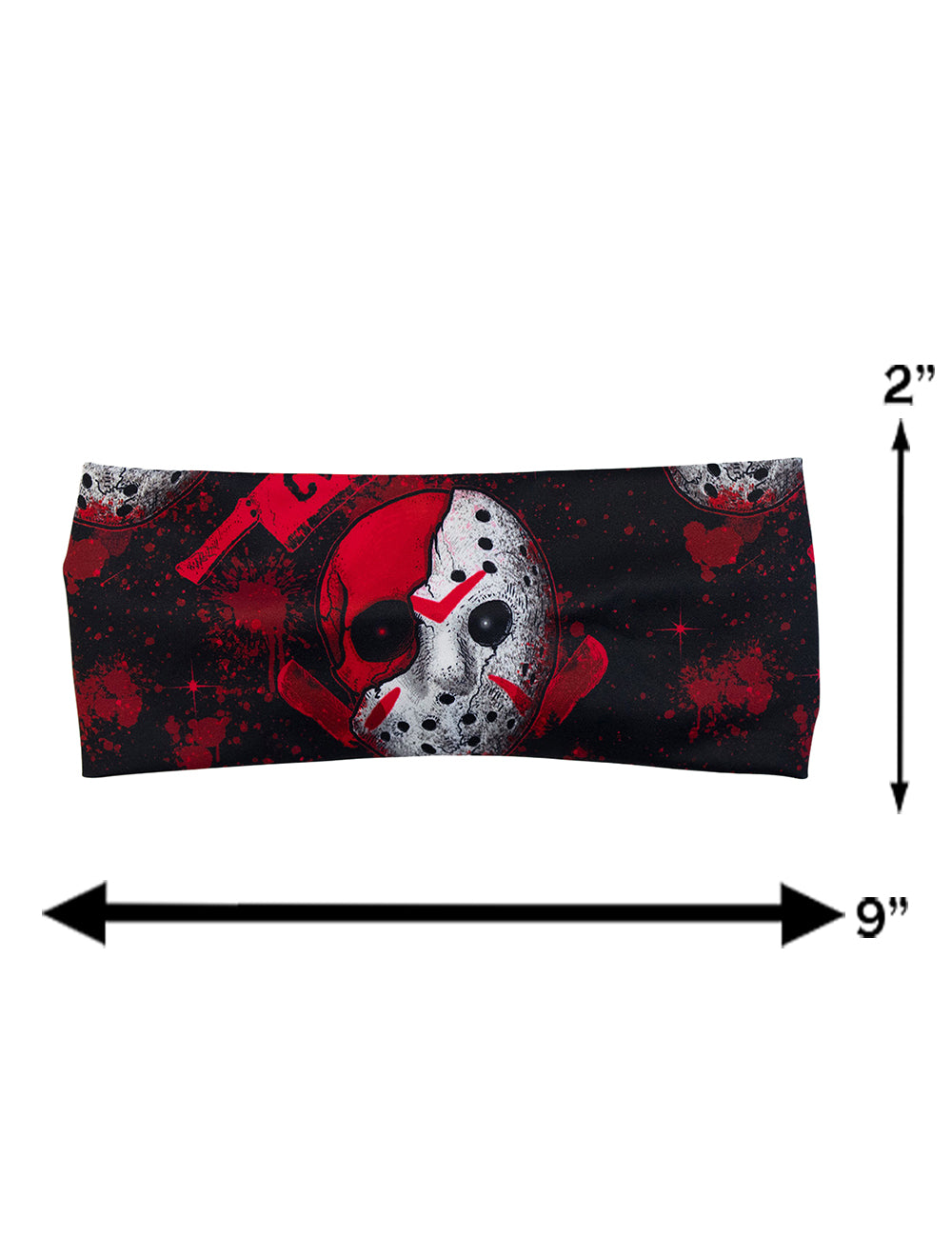 measurement chart for the bloody hockey mask headband, measurements are 2 inches by 9 inches