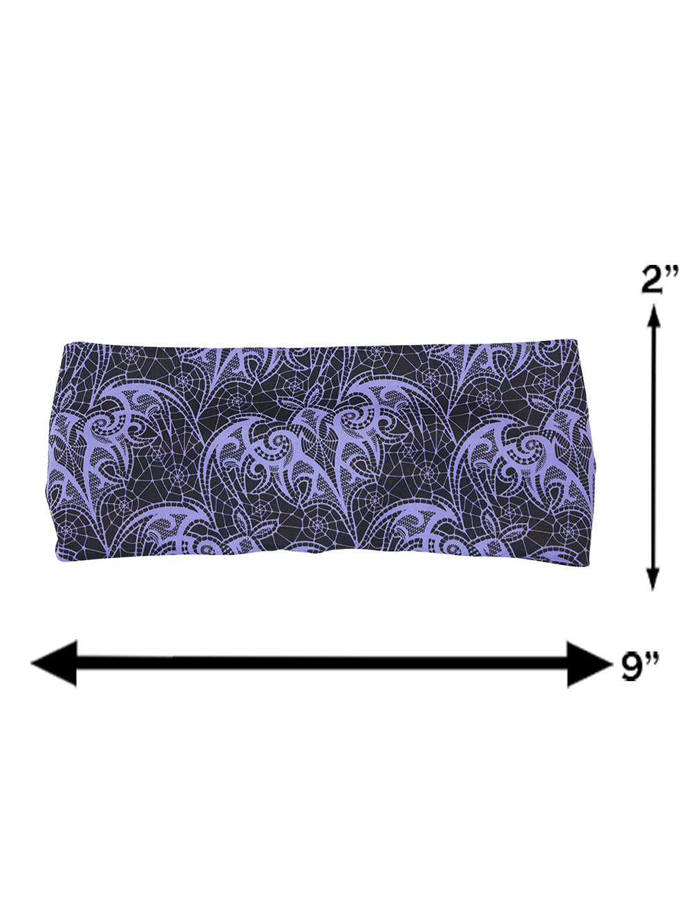 measurements for the purple bat lace headband, measurements are 2 inches by 9 inches