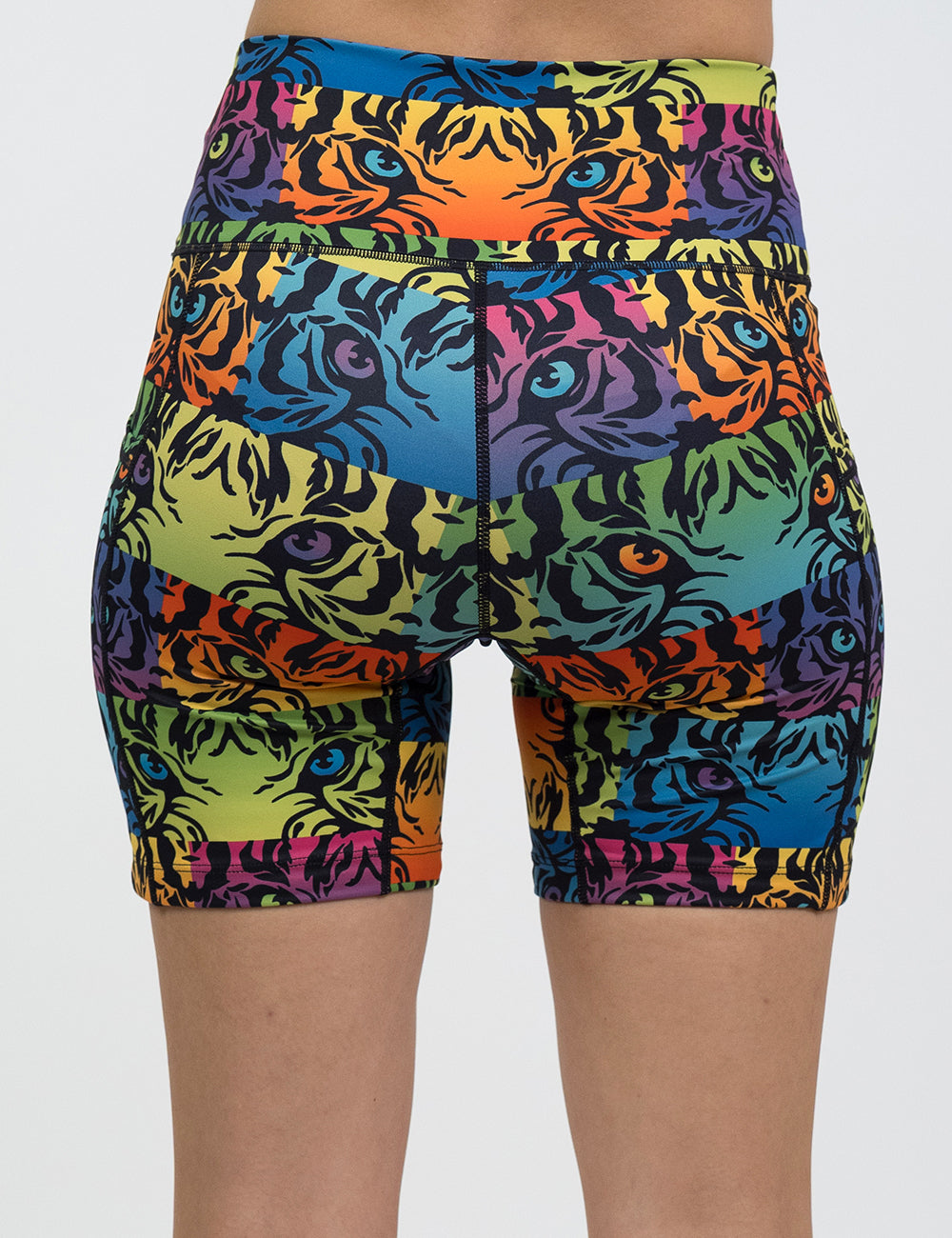 back of the rainbow tiger print 7 inch shorts against a white background
