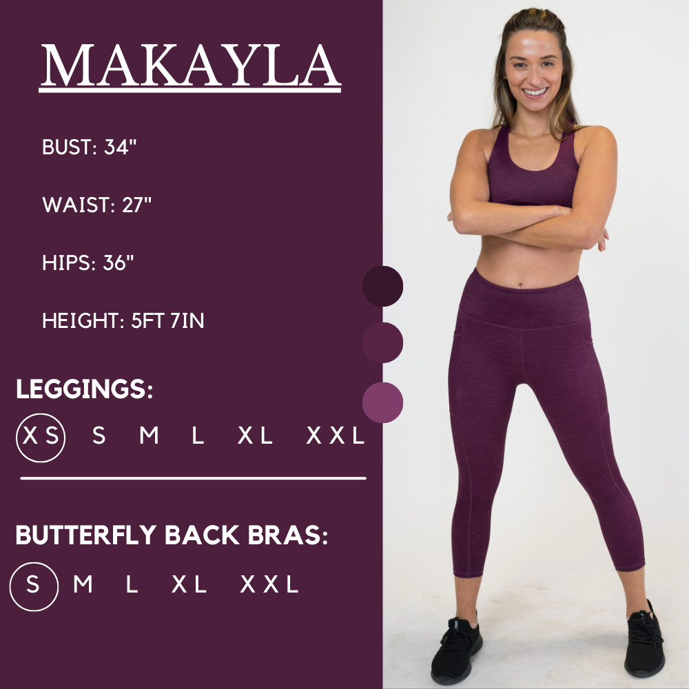Model’s measurements of 34” bust, 27” waist, 36” hips and height of 5 ft 7 in. She is wearing a size x-small in our leggings and a size small in our butterfly back bras