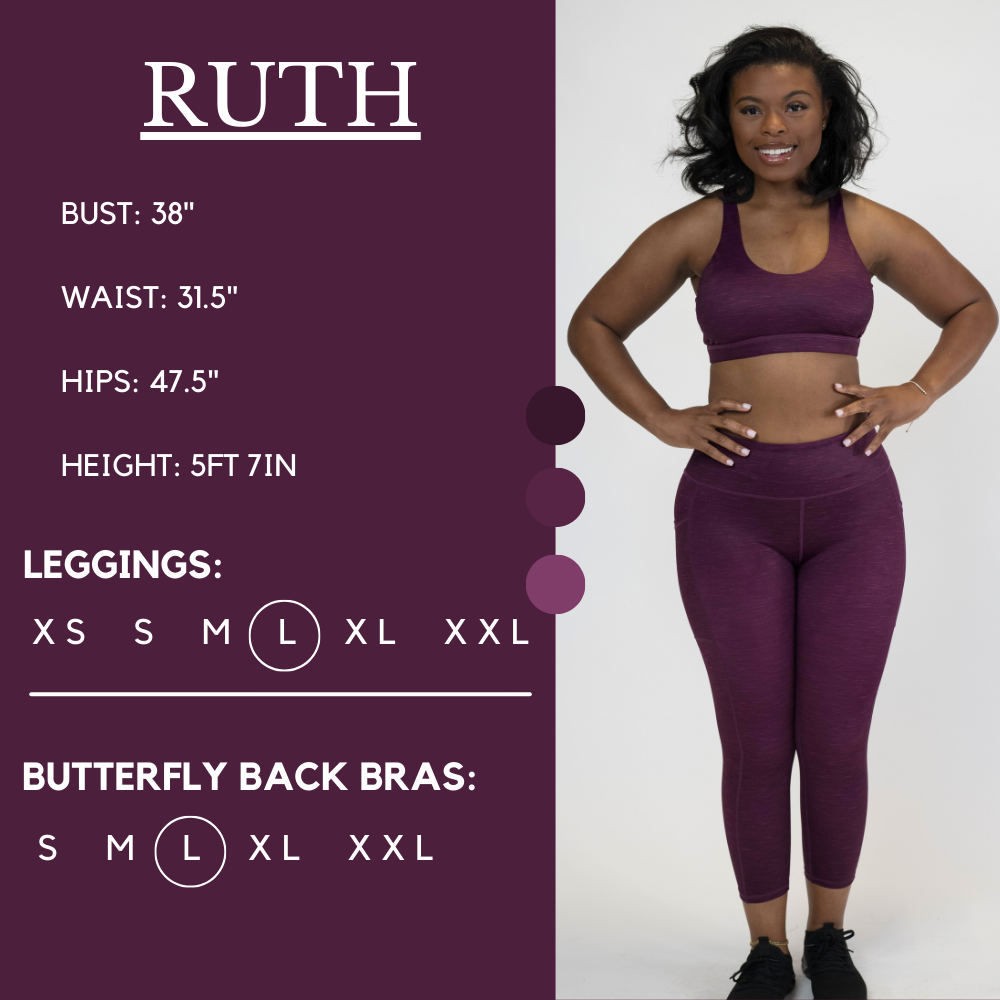 Model’s measurements of 38” bust, 31.5” waist, 47.5” hips and height of 5 ft 7 inches. She is wearing a size large in our leggings and a large in our butterfly back bras