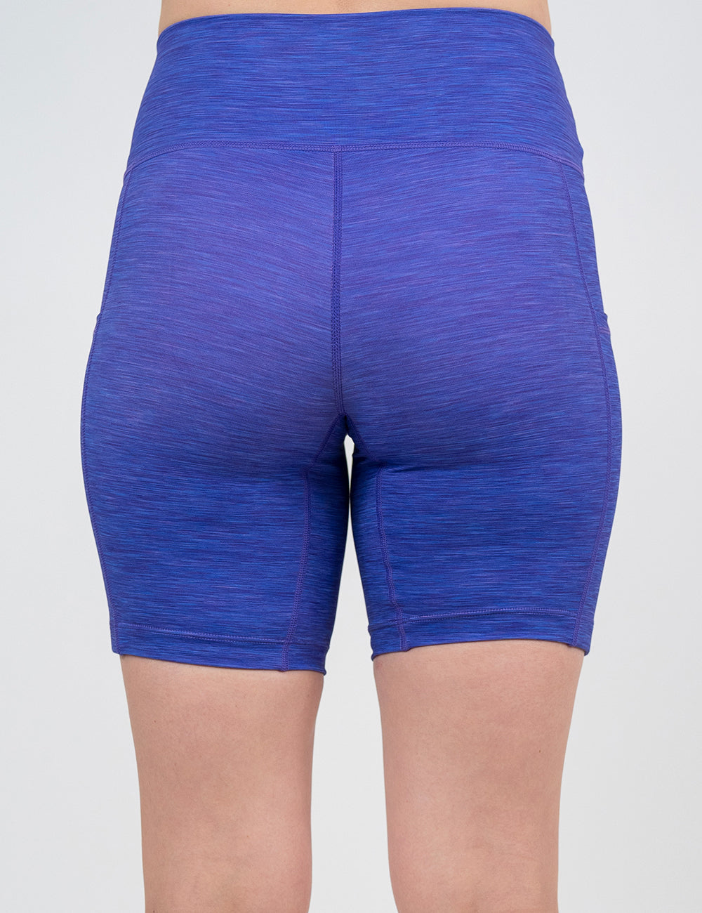 back of the 7 inch purple heather pattern shorts against a white background