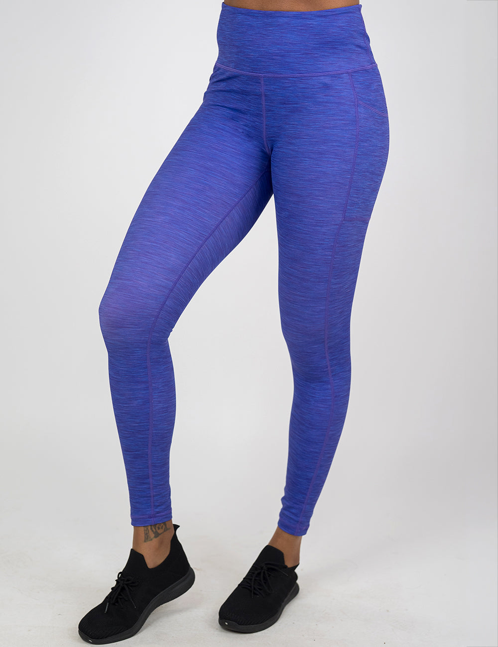 front of the full length purple heather pattern leggings against a white background