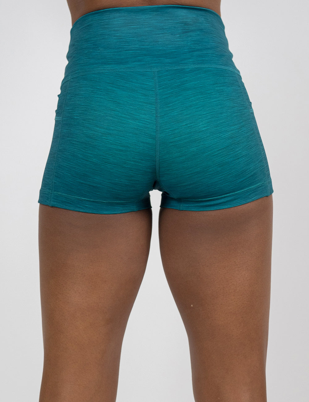 back of the 2.5 inch teal heather pattern shorts against a white background