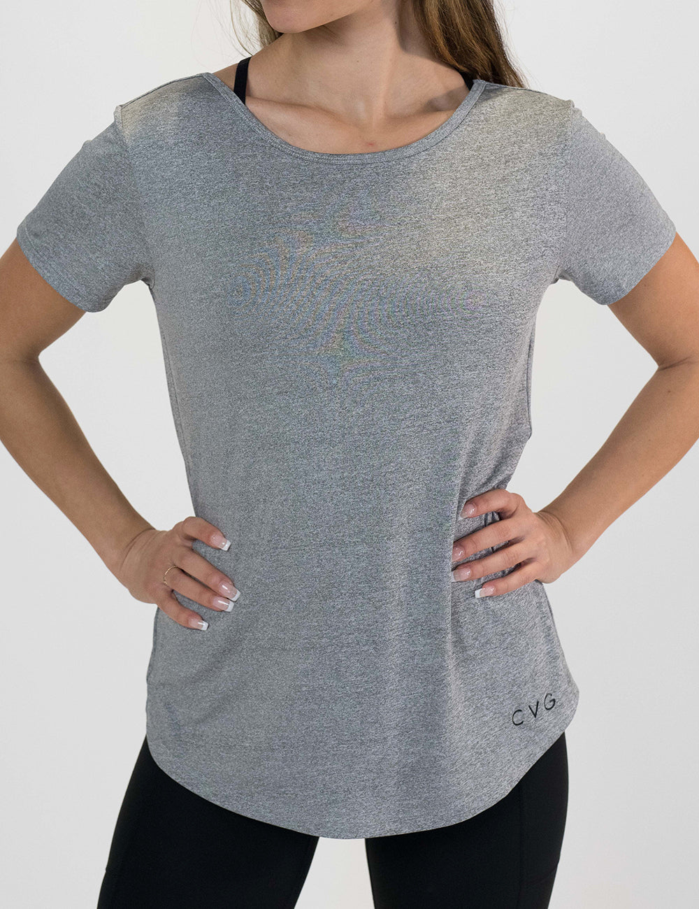 model wearing a heathered grey tee