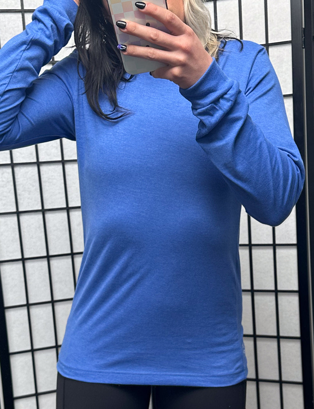 model wearing the Heather True Royal Long Sleeve Tee
