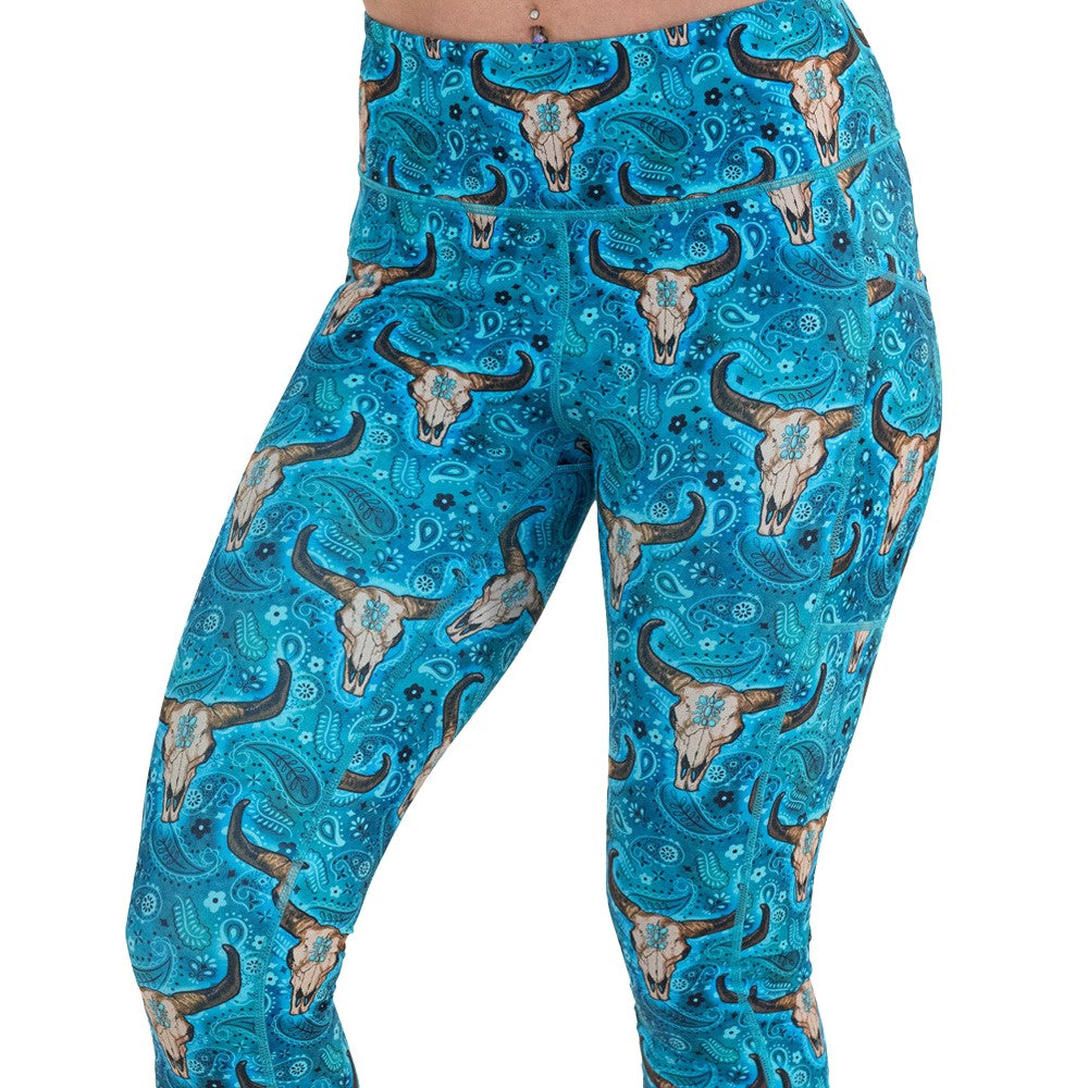 teal cow skull print leggings