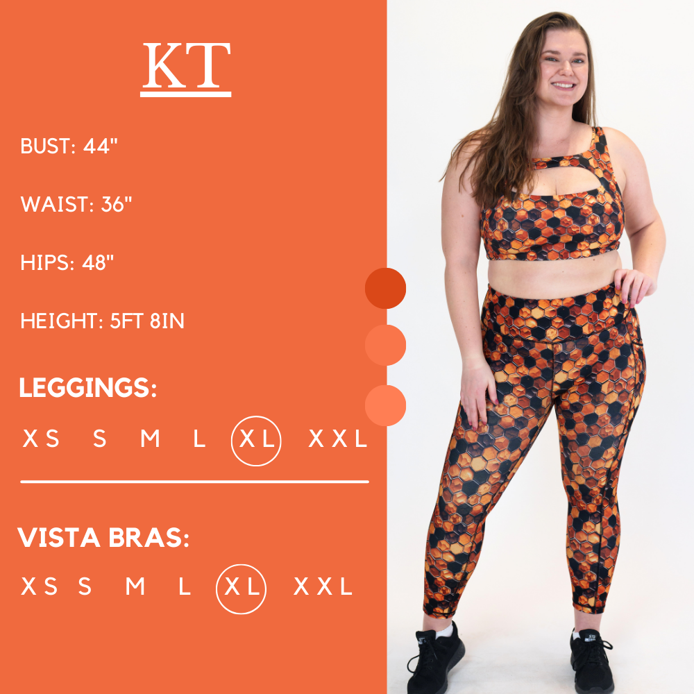 Model’s measurements of 44” bust, 36” waist, 48” hips and height of 5 ft 8 in. She is wearing a size x-large in our leggings and a size x-large in our vista bra
