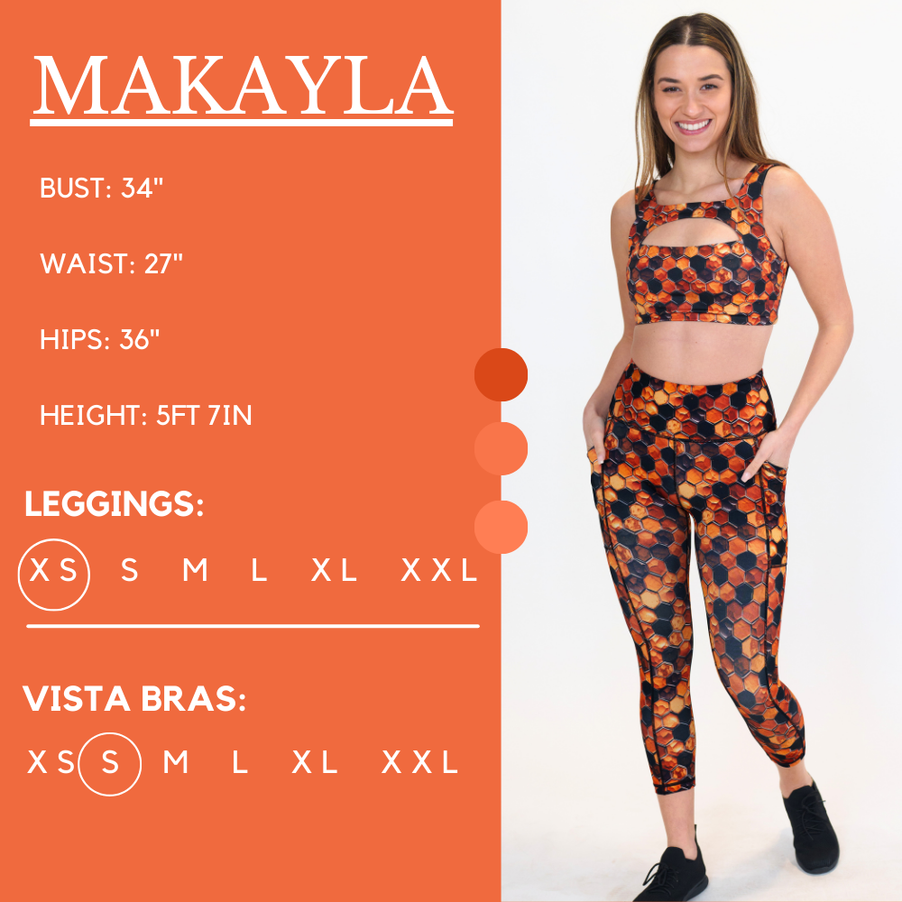 Model’s measurements of 34” bust, 27” waist, 36” hips and height of 5 ft 7 in. She is wearing a size x-small in our leggings and a size small in our vista bra