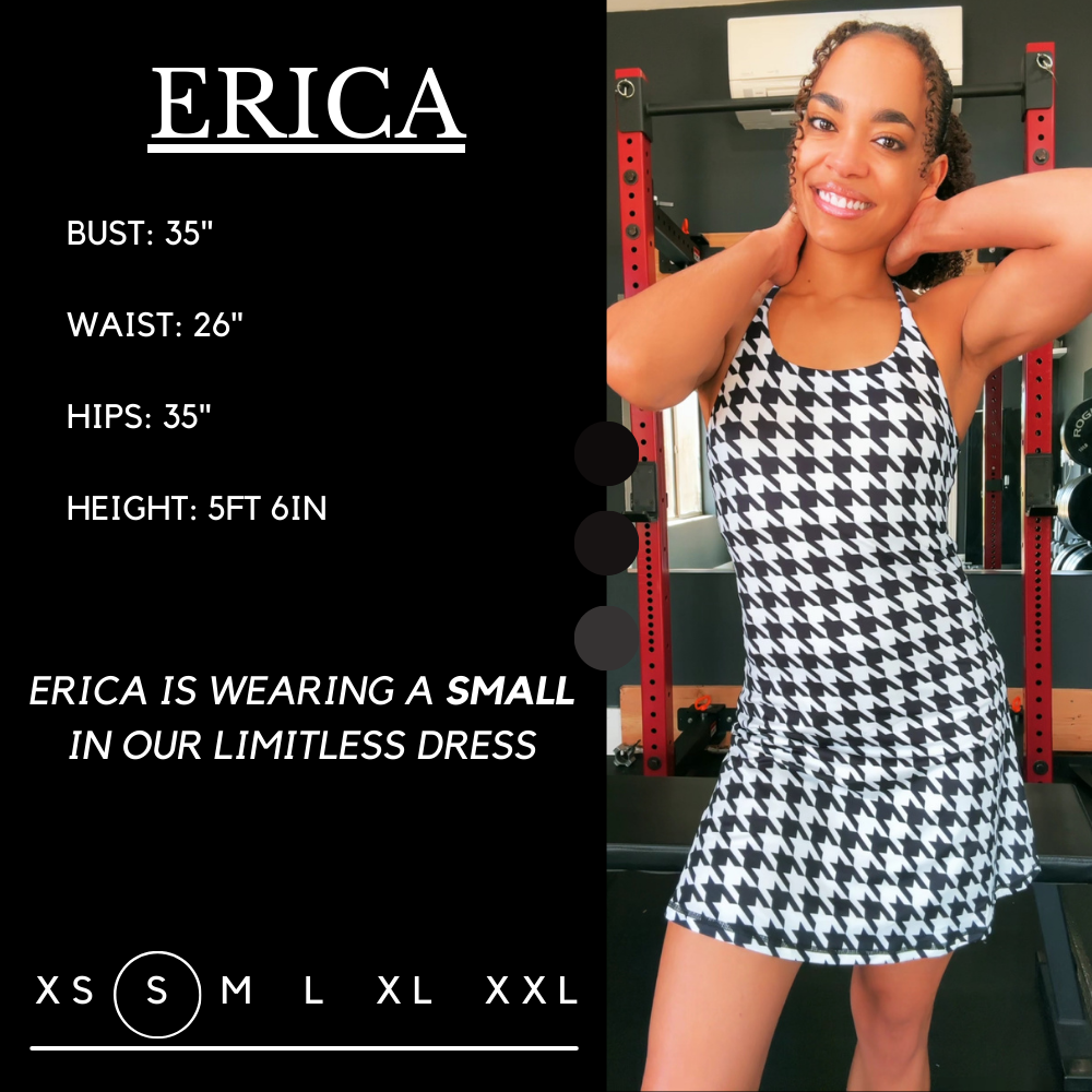Model’s measurements of 35” bust, 26” waist, 35” hips and height of 5 ft 6 inches. She is wearing a size extra small in our dress