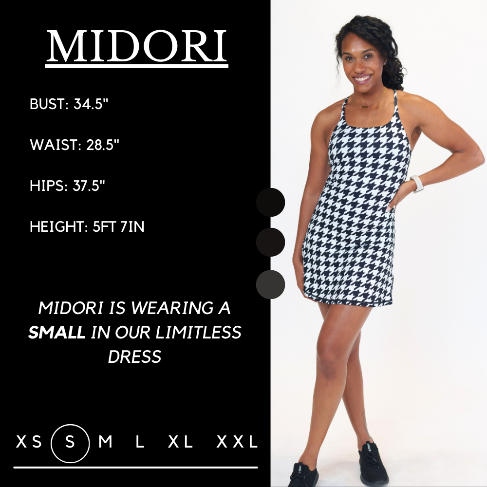 Model’s measurements of 34.5” bust, 28.5” waist, 37.5” hips and height of 5 ft 7 inches. She is wearing a size small in our dress