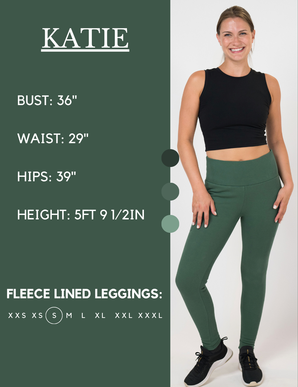 Model’s measurements of 36” bust, 29” waist, 39” hips and height of 5 ft 9 1/2 inches. She is wearing a size small in our leggings
