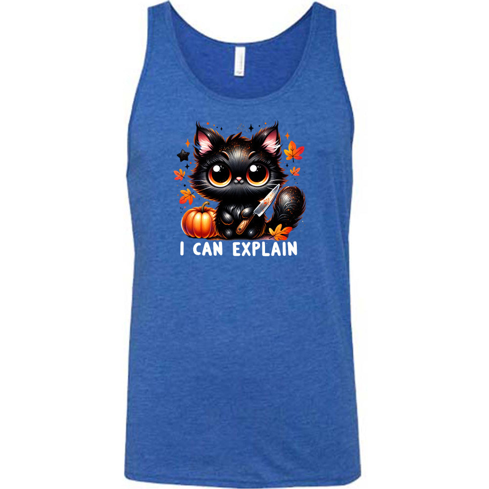 blue shirt with the text "I Can Explain" and a kitten with a knife graphic on it