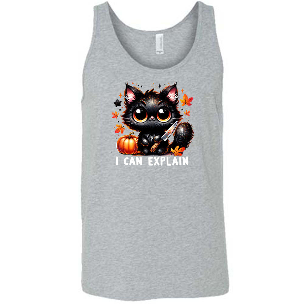 grey shirt with the text "I Can Explain" and a kitten with a knife graphic on it