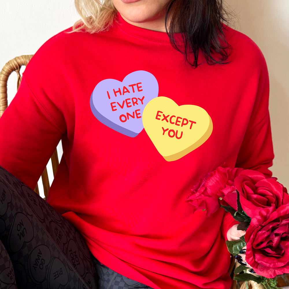 red crewneck with the text "I Hate Everyone Except You" on it