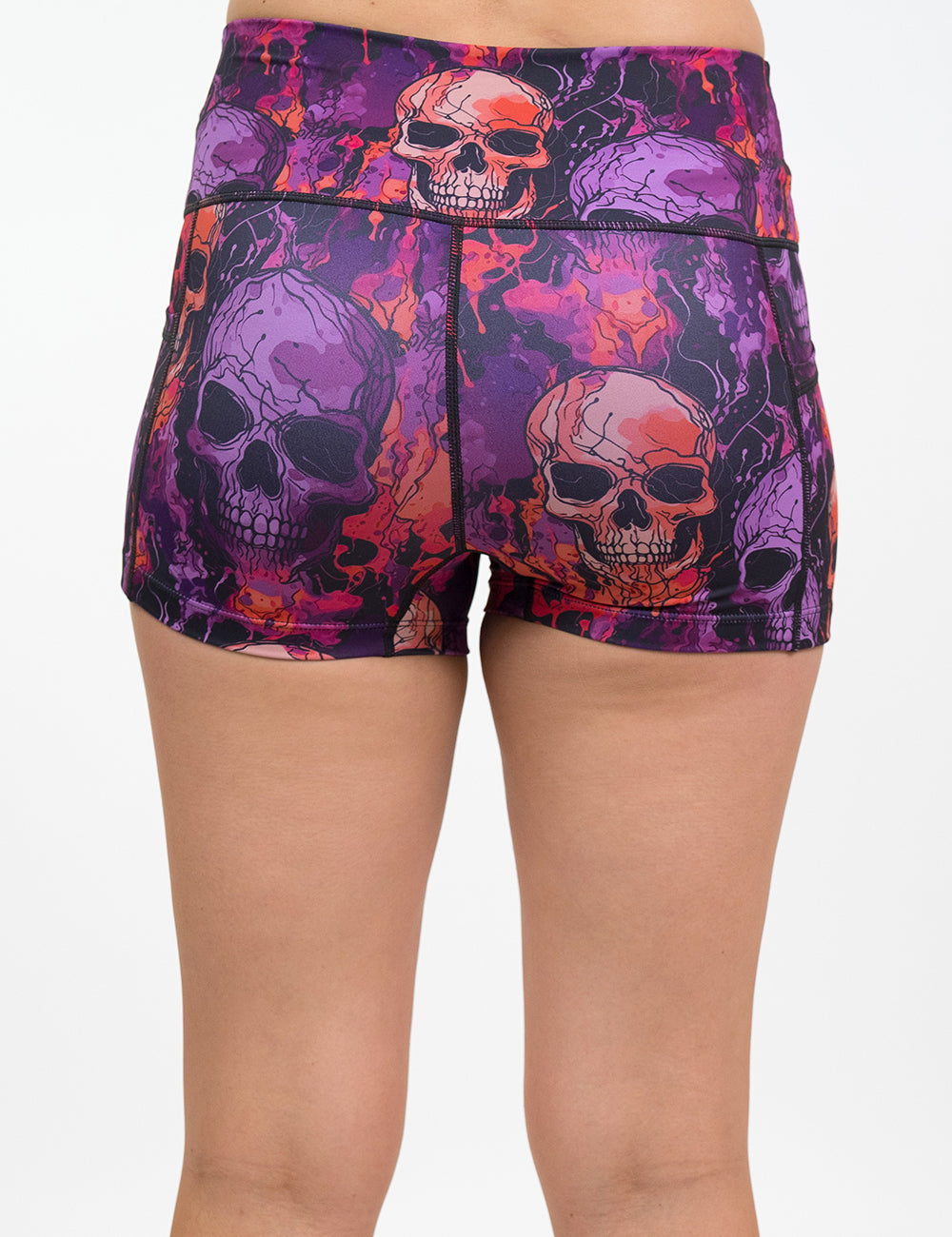 back of the 2.5 inch purple and orange skull patterned shorts against a white background