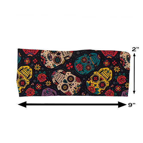sugar skull patterned headband measured at 2 by 9 inches