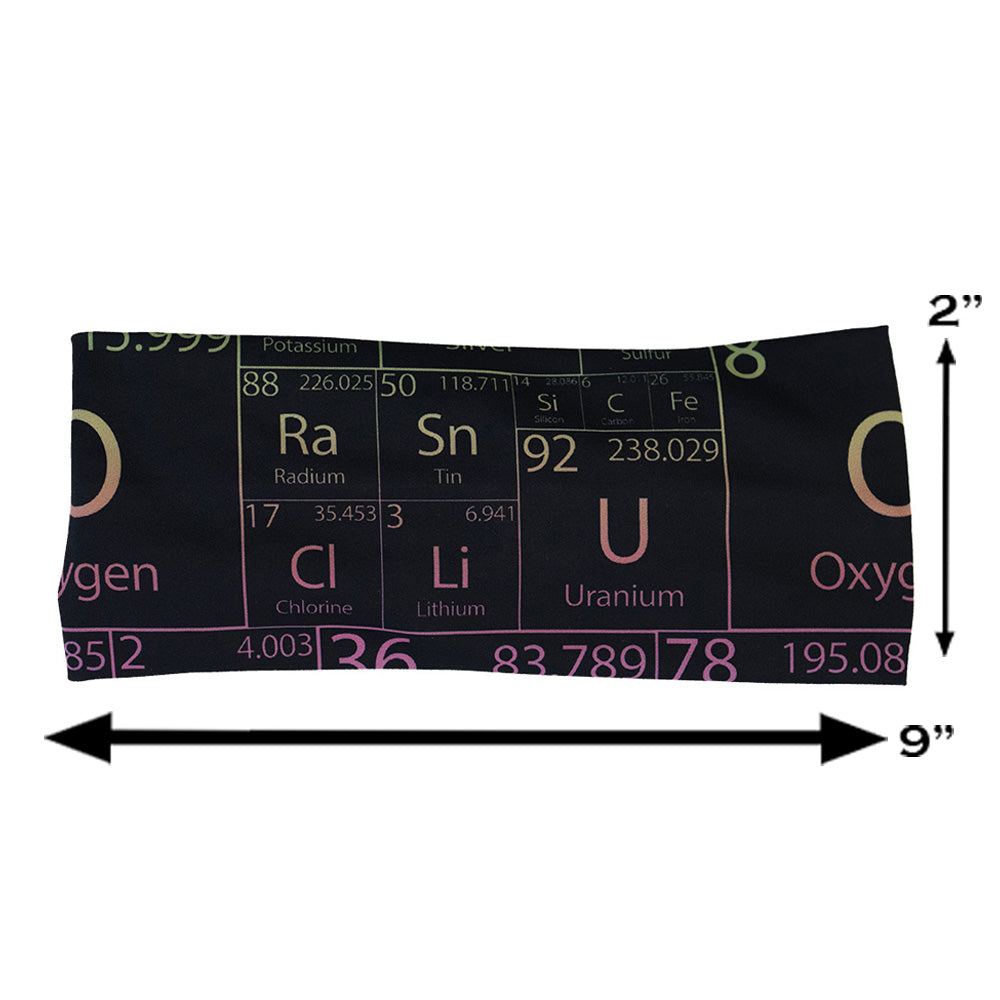 Black headband with periodic table design measured at 2 by 9 inches