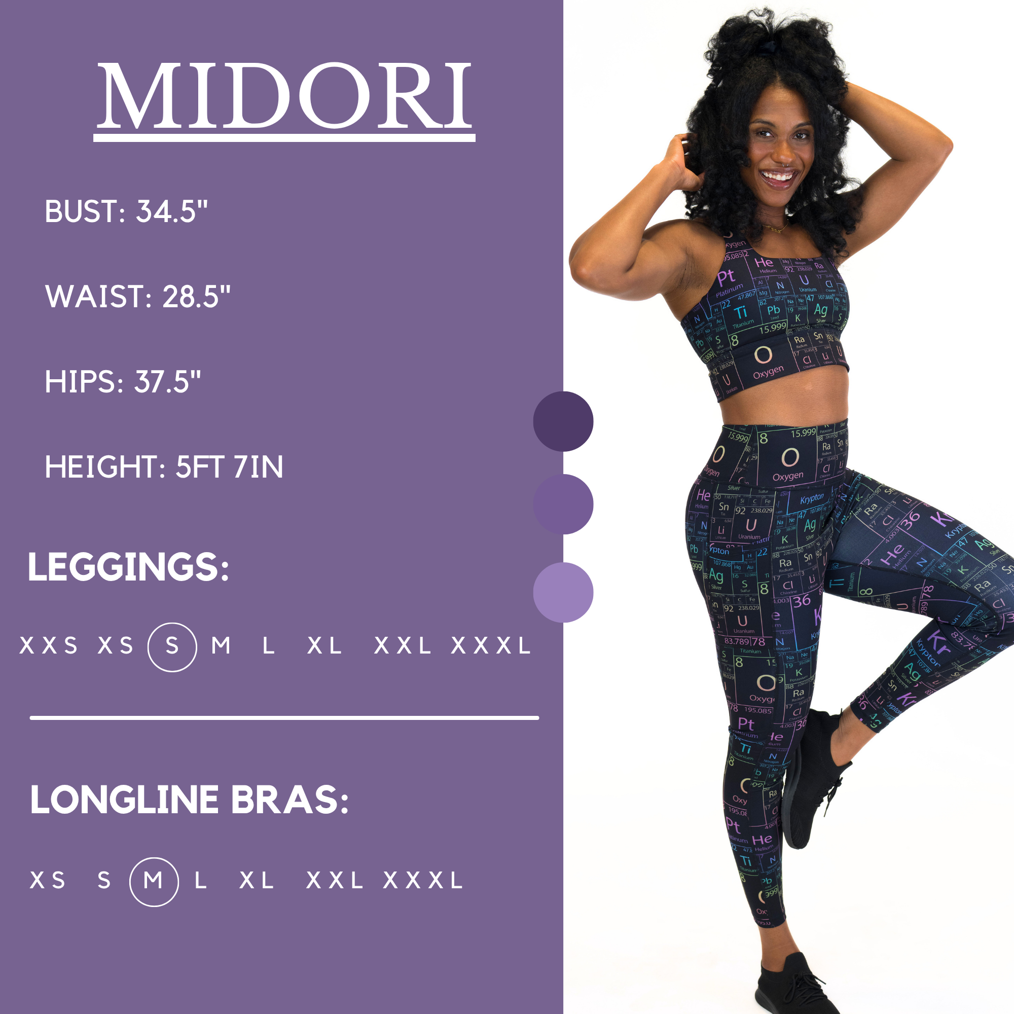 Model’s measurements of 34.5” bust, 28.5” waist, 37.5” hips and height of 5 ft 7 inches. She is wearing a size small in our leggings