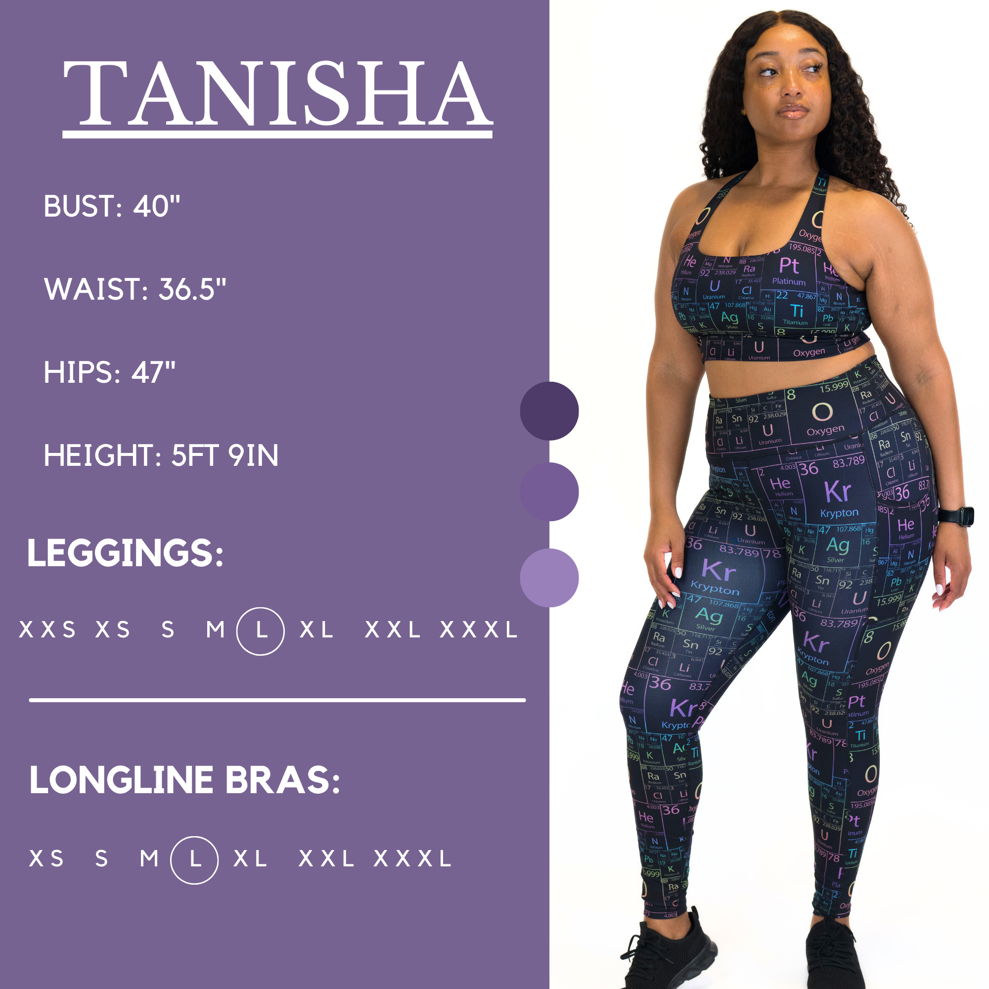 Graphic showing the measurements of a model and what size she wears for the leggings and fitted crop top. Her bust is 40 inches, waist is 36.5 inches, hips are 47 inches, and height is 5 foot and 9 inches. She wears a large in the leggings