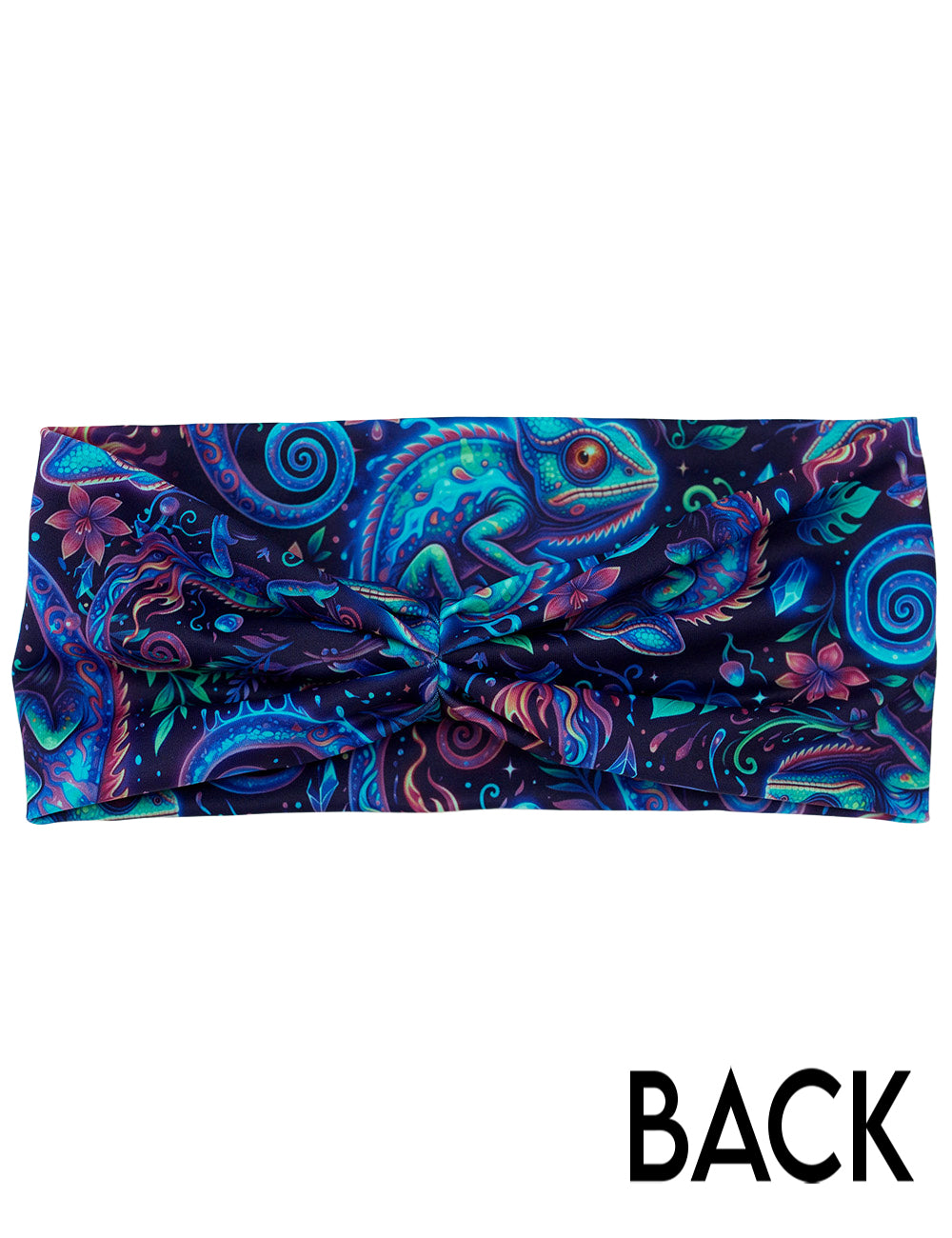 back of the orange, blue, and red chameleons headband