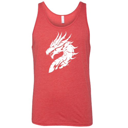 red unisex shirt with a white dragon head graphic on it