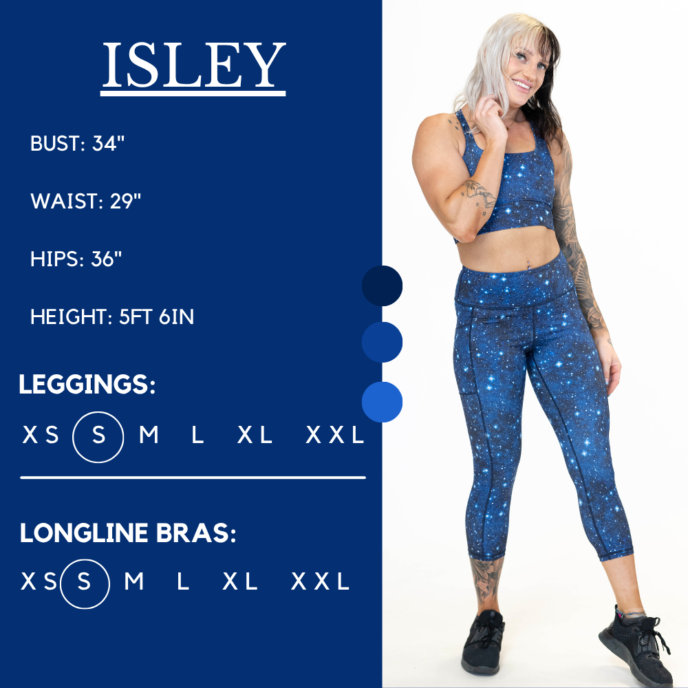 Model’s measurements of 32” bust, 29” waist, 36” hips and height of 5 ft 6 inches. She is wearing a size small in our leggings