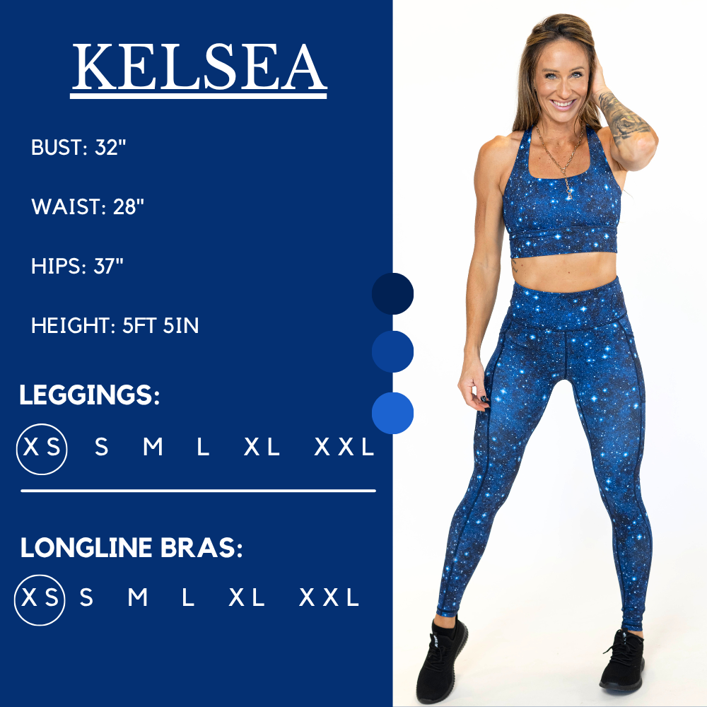 Model’s measurements of 32” bust, 28” waist, 37” hips and height of 5 ft 5 inches. She is wearing a size extra small in our leggings