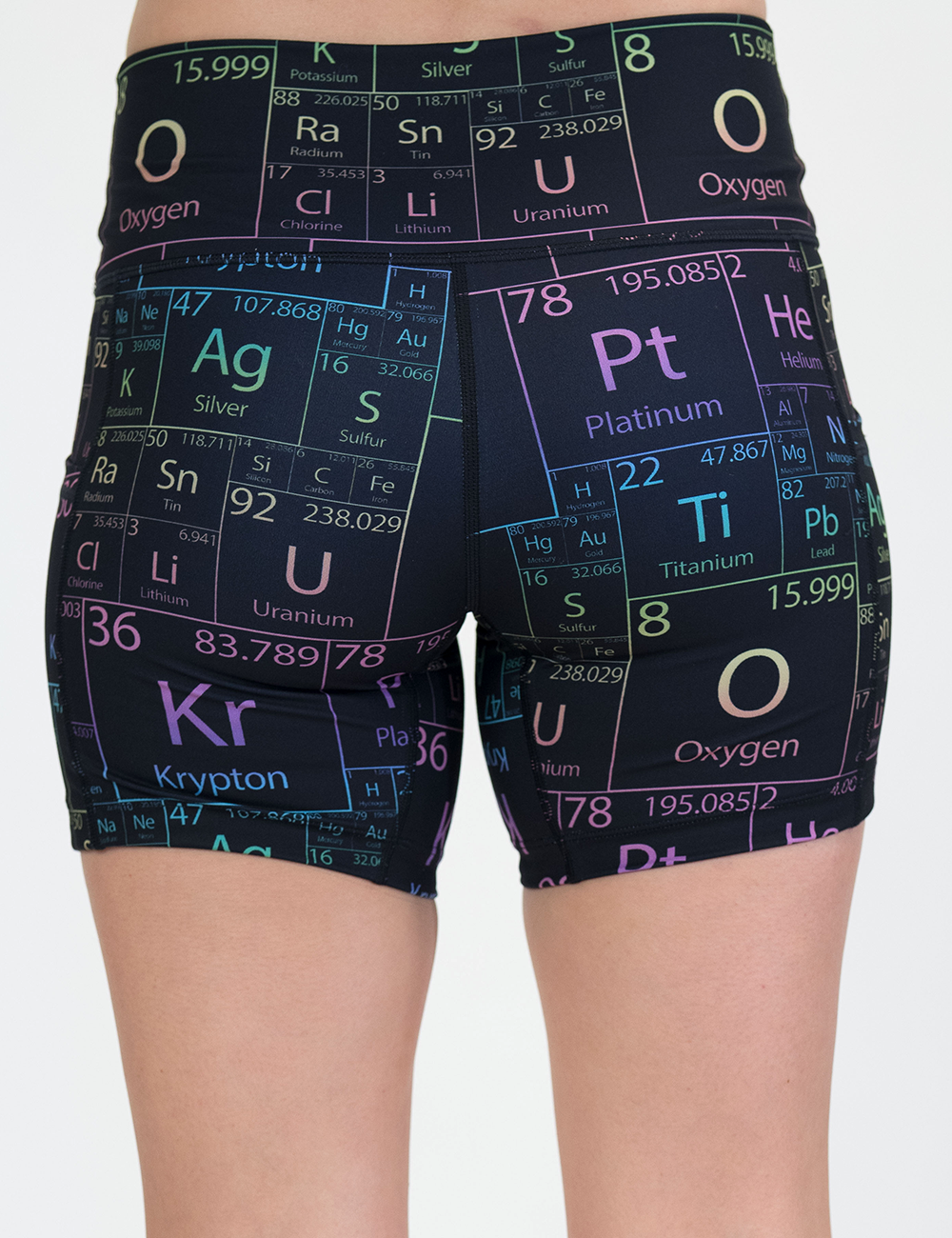 back of the 5 inch black with a periodic table pattern shorts against a white background