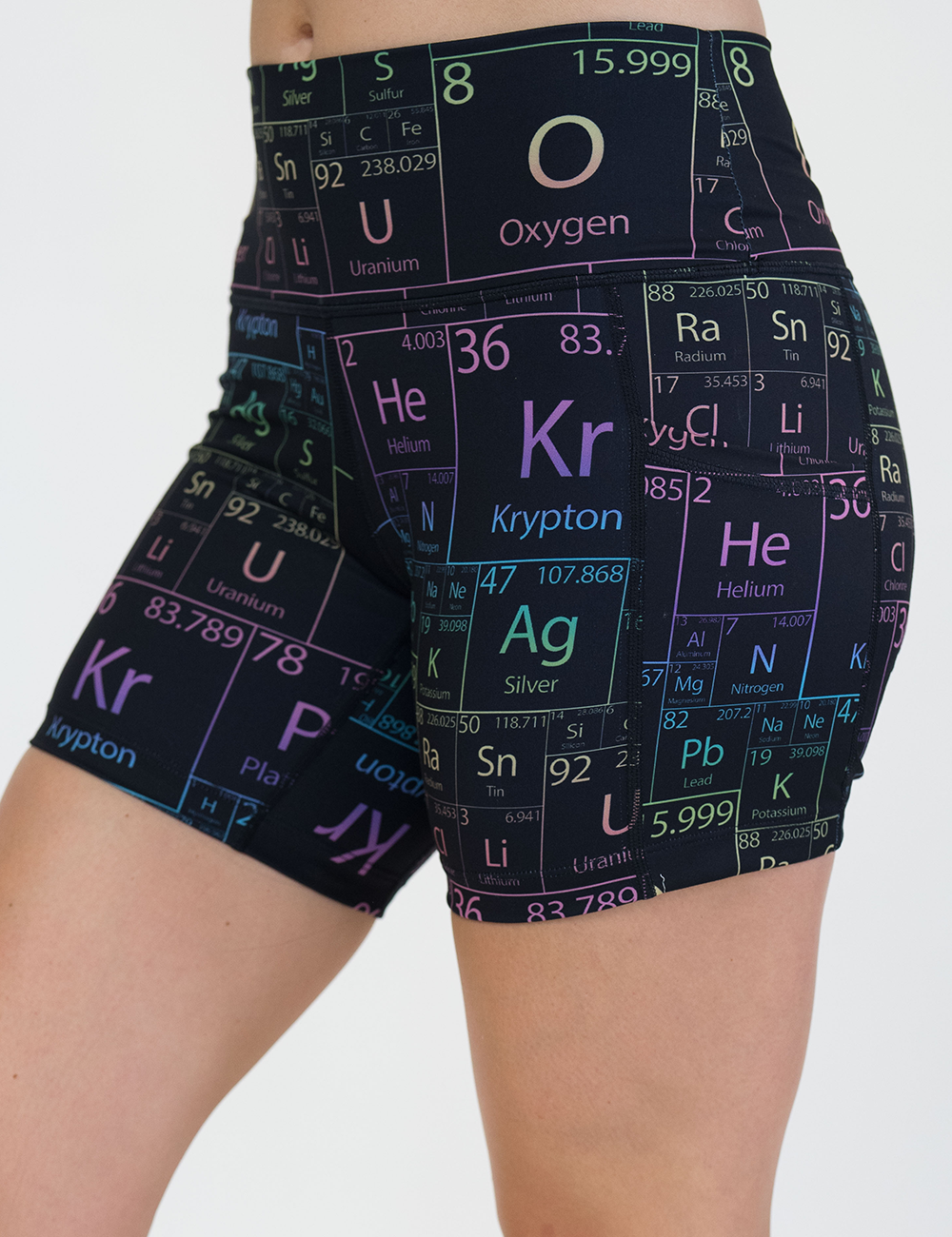 front of the 5 inch black with a periodic table pattern shorts against a white background
