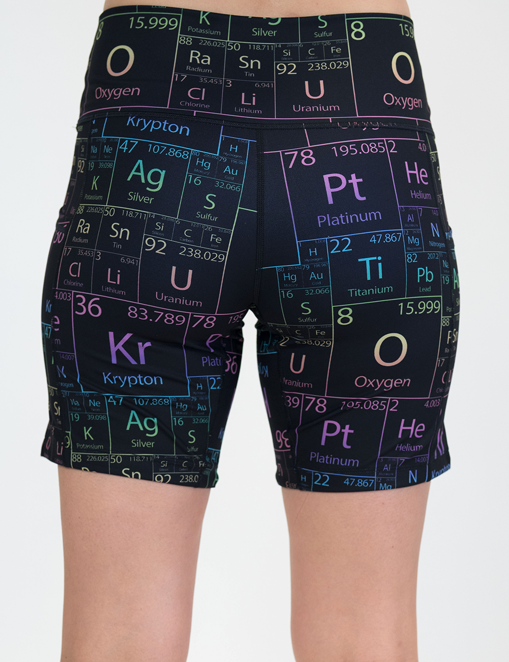 back of the 7 inch black periodic table shorts against a white background