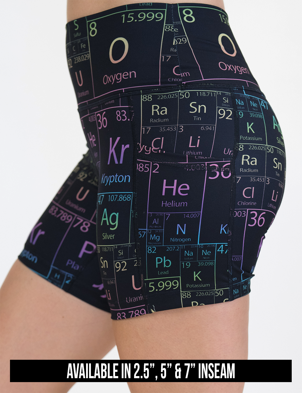 available lengths for the black periodic table shorts, inseam lengths include 2.5, 5, and 7 inches